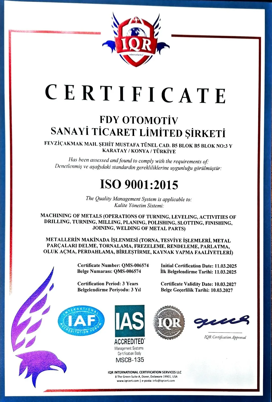 Certificado ISO da FDY Automotive — foto 1